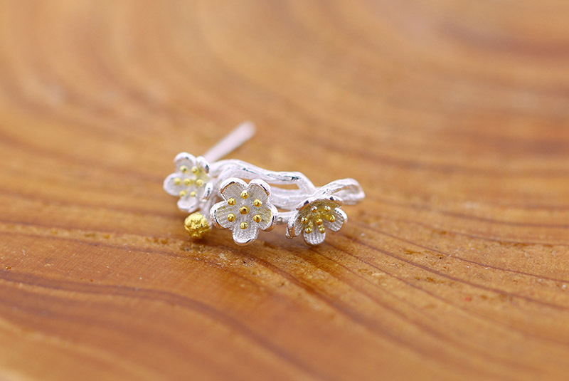 耳环女韩国镀925银分色镀金梅花耳钉韩版