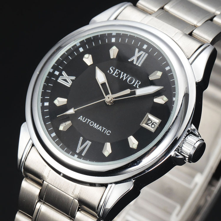 新款男士休闲腕表 不锈钢sewor合金表带机械表 普通玻璃镜面手表