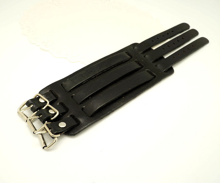 朋克风超宽皮头层皮牛皮手镯 男式复古三条皮带扣穿孔真皮手环