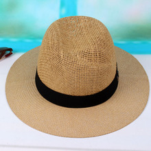 夏季大沿草编礼帽 韩版时尚彩色拼接遮阳凉帽可调节情侣沙滩帽子