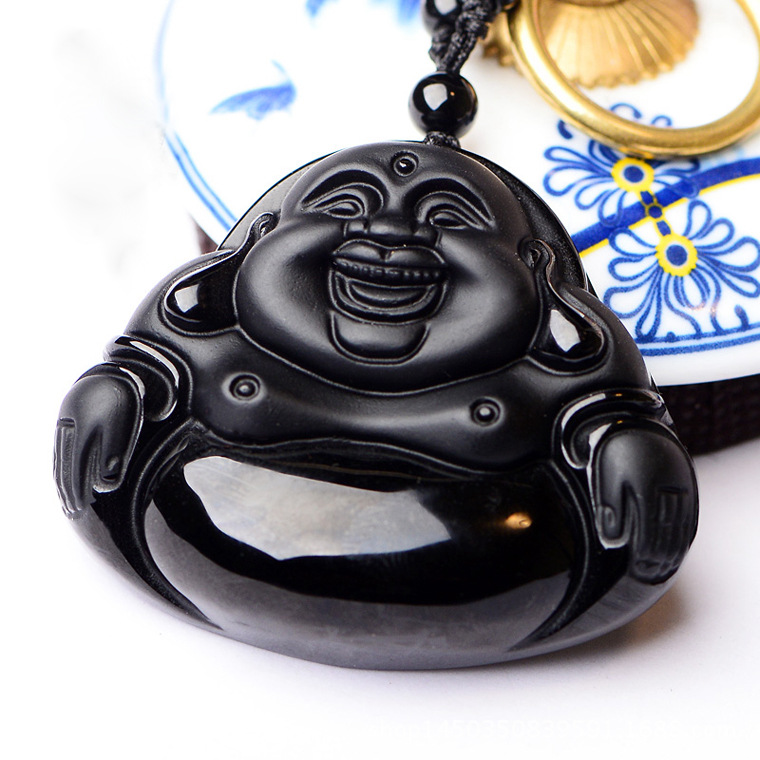 天然a货黑曜石弥勒佛吊坠 正品磨砂佛像大肚佛玉坠男女款本命佛