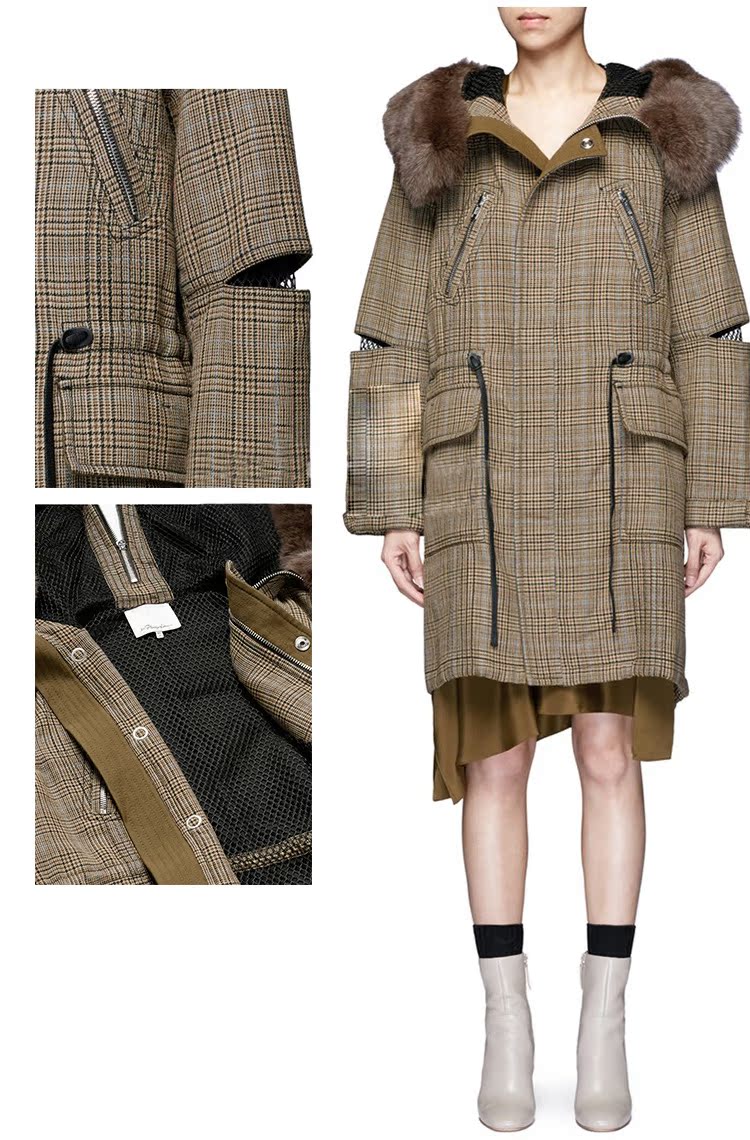 英伦风格 复古格子披肩超大狐狸毛领 断袖休闲茧型羊毛呢大衣外套