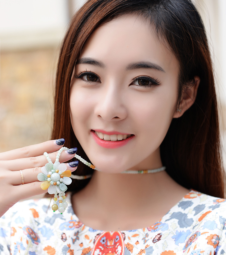 缅甸a货翡翠玉吊坠项链圆珠三彩太阳花花朵女士毛衣链纯手工编织