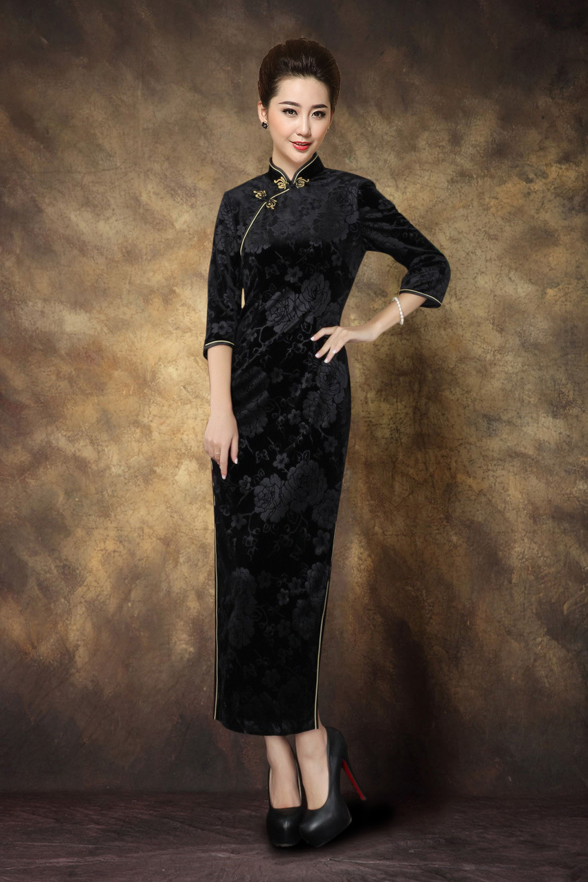 批发旗袍春秋季新款 纯色弹力金丝绒七分袖旗袍 体现贵妇气质