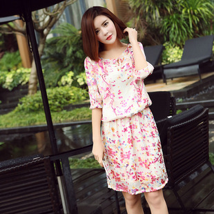 2018夏季新品女装刘钰懿五分袖真丝雪纺连衣裙花色旅游清仓特价