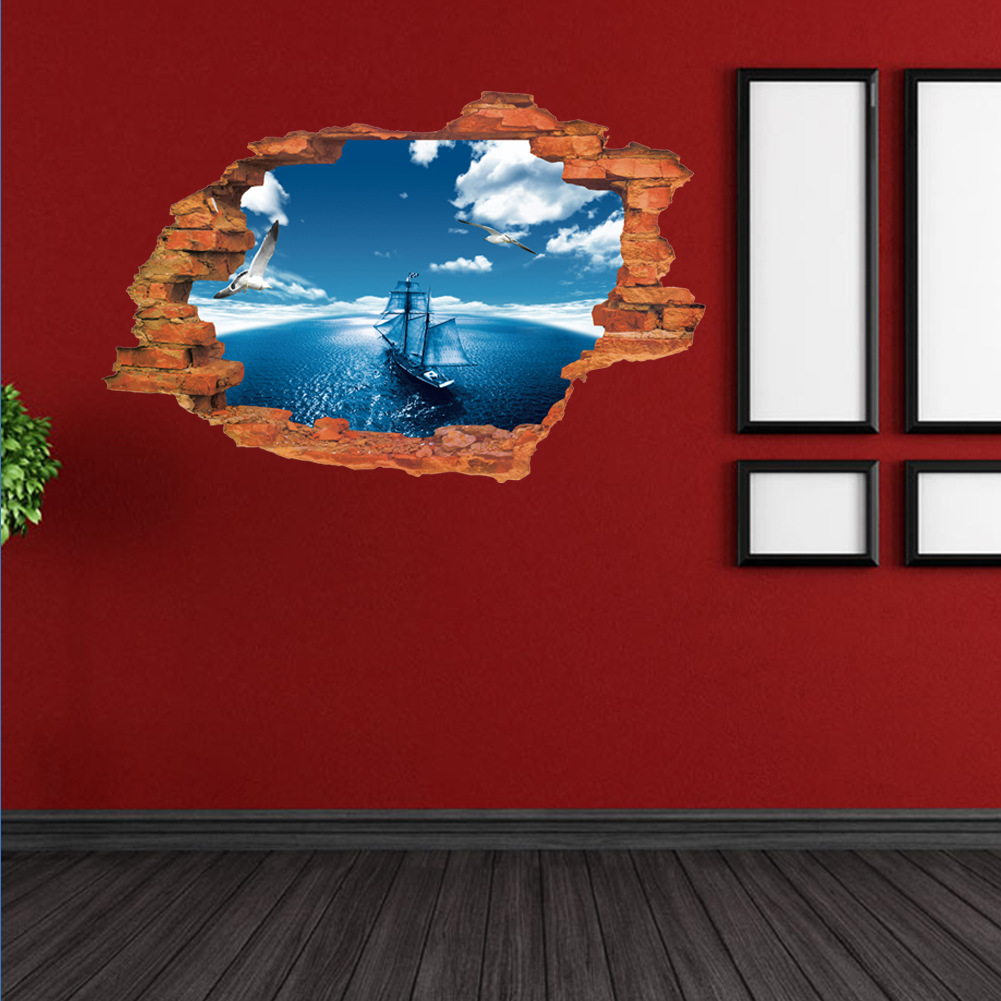 yy1003欧美新款蓝天大海帆船3d墙贴 客厅装饰创意立体墙贴批发