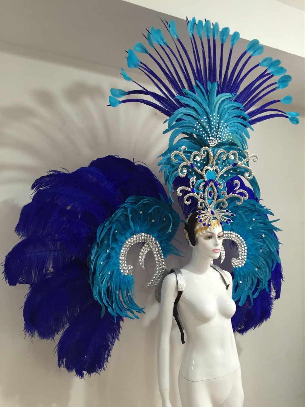 羽毛开场舞队舞台演出服饰 桑巴舞蹈服装 套装 鸵鸟毛背板 头饰