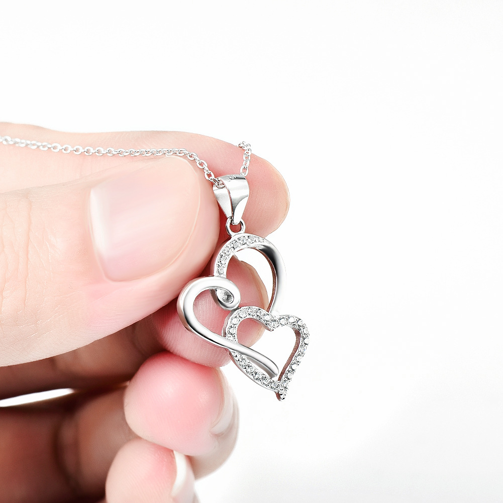 925纯银项链 简约双爱心镶钻吊坠 速卖通亚马逊 欧美外贸饰品