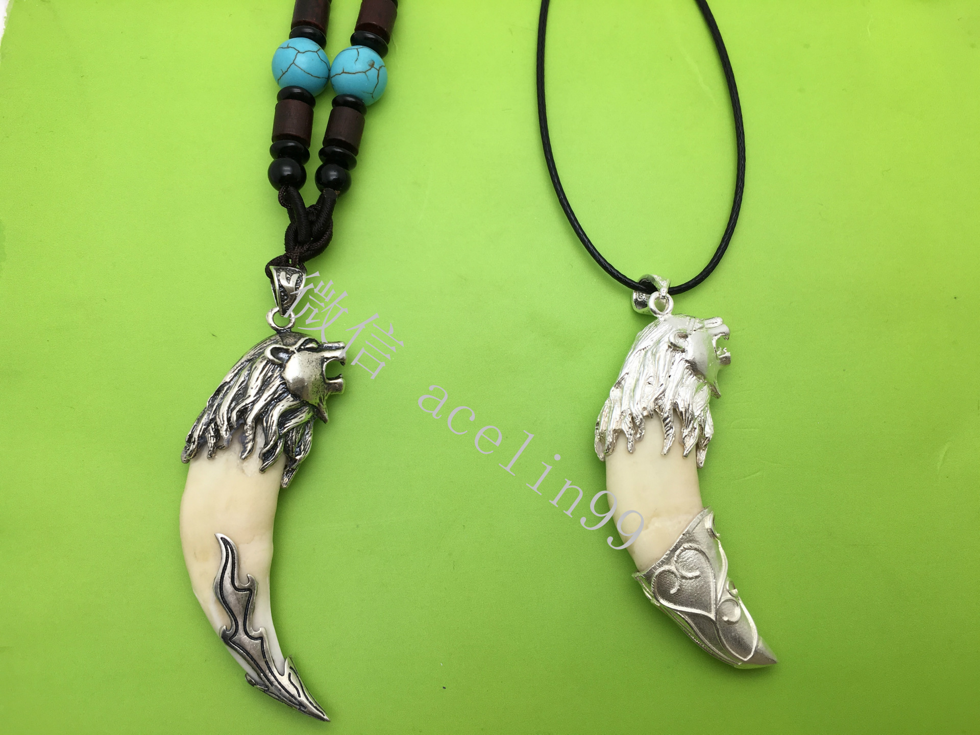 辟邪包99纯银狮子头狼牙套项链男士情侣狗牙套吊坠时尚獒骨质银饰