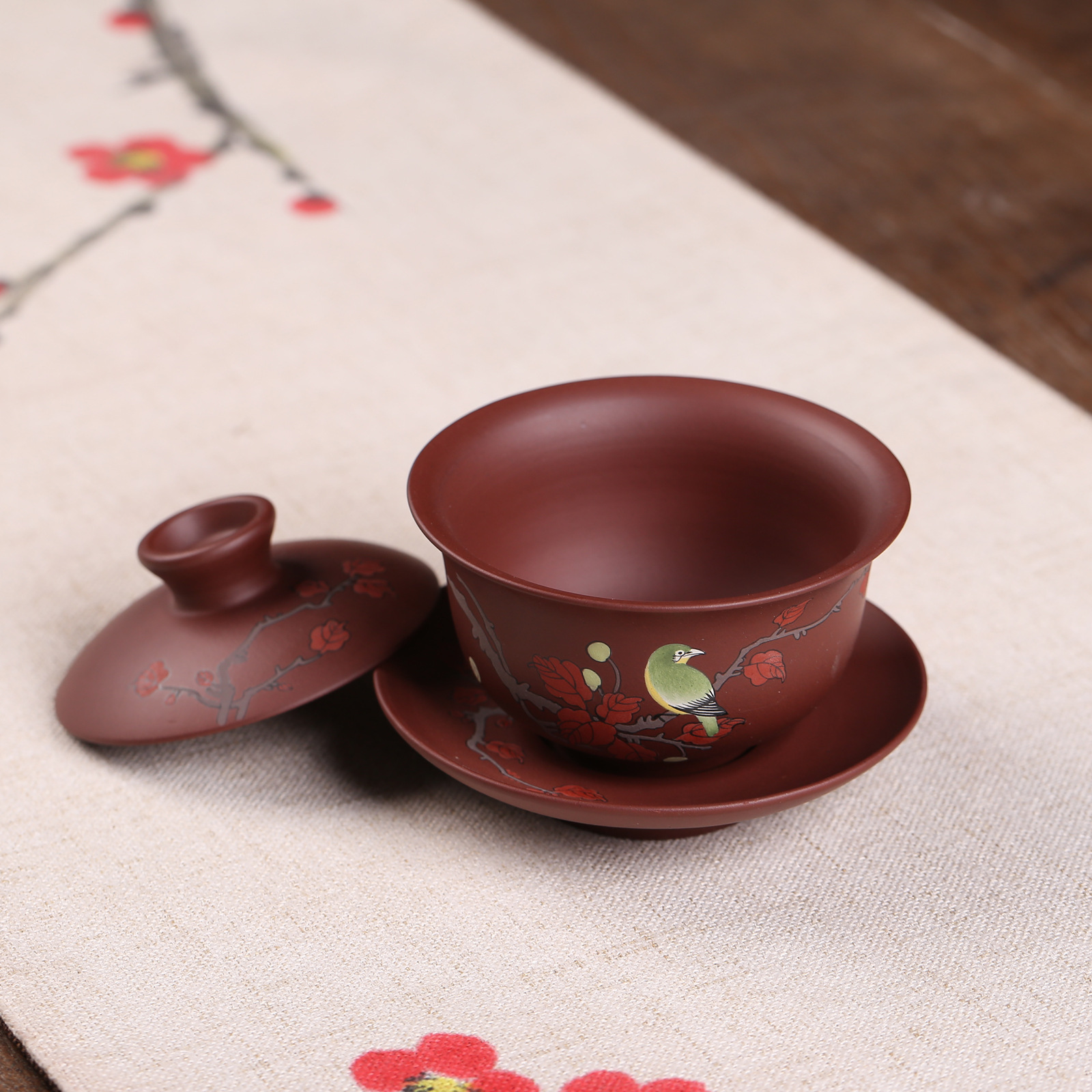 宜兴正宗紫砂全手工墨绘盖碗 正品原矿紫砂茶具 新品 一件代发