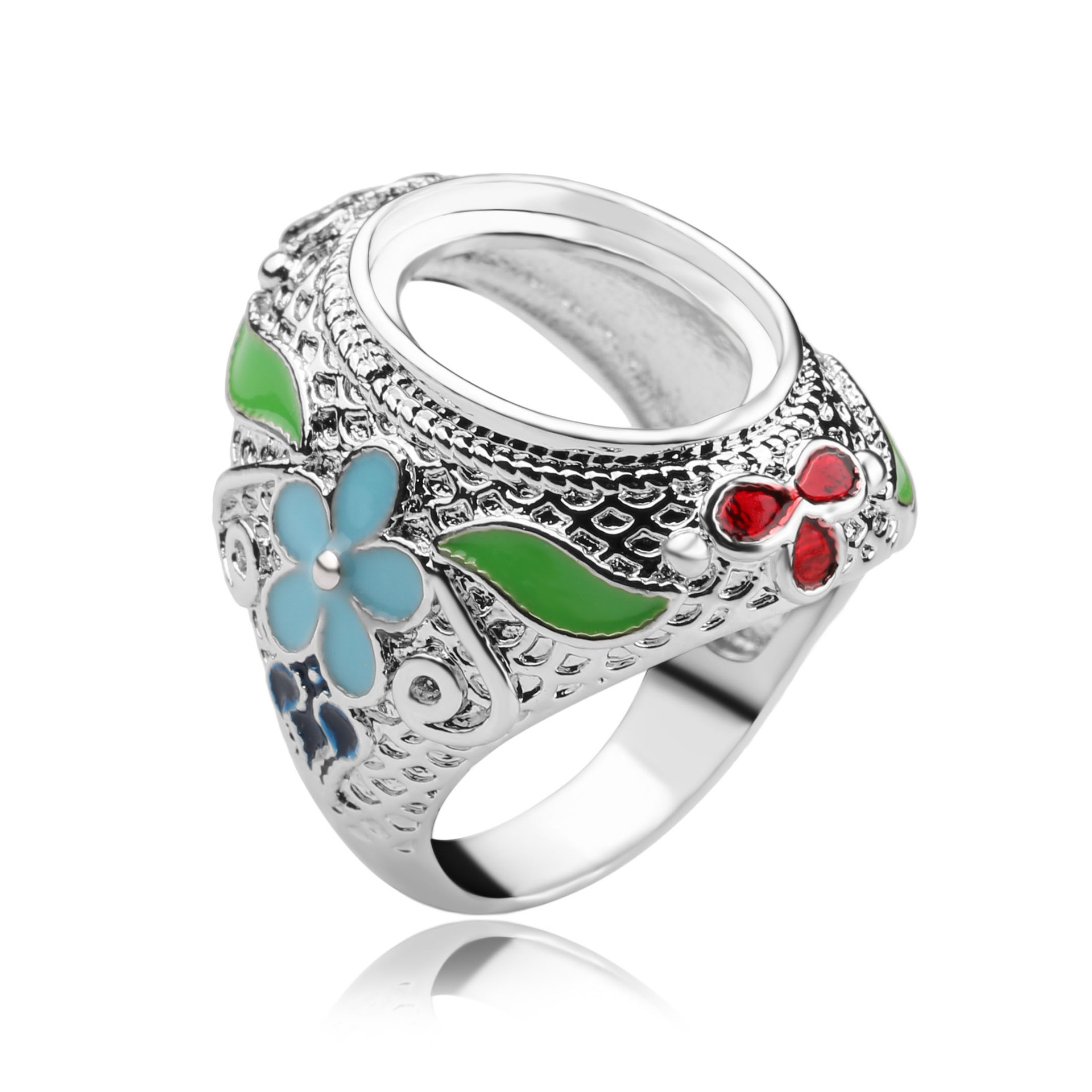 国内热销diy戒托电镀真白金 唯美精致花朵画油时尚戒指托12*16mm