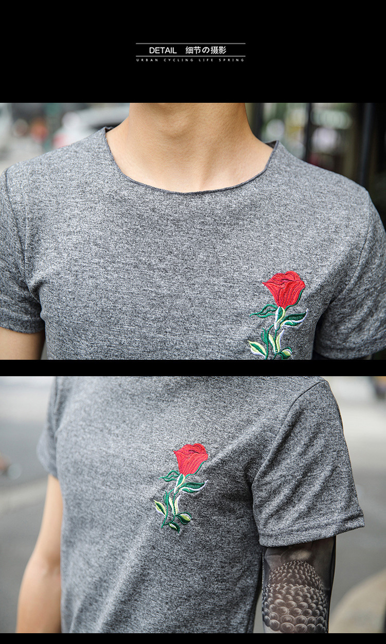 2017复古玫瑰花t恤男士短袖个性印花圆领修身t韩版衣服潮潮男专属