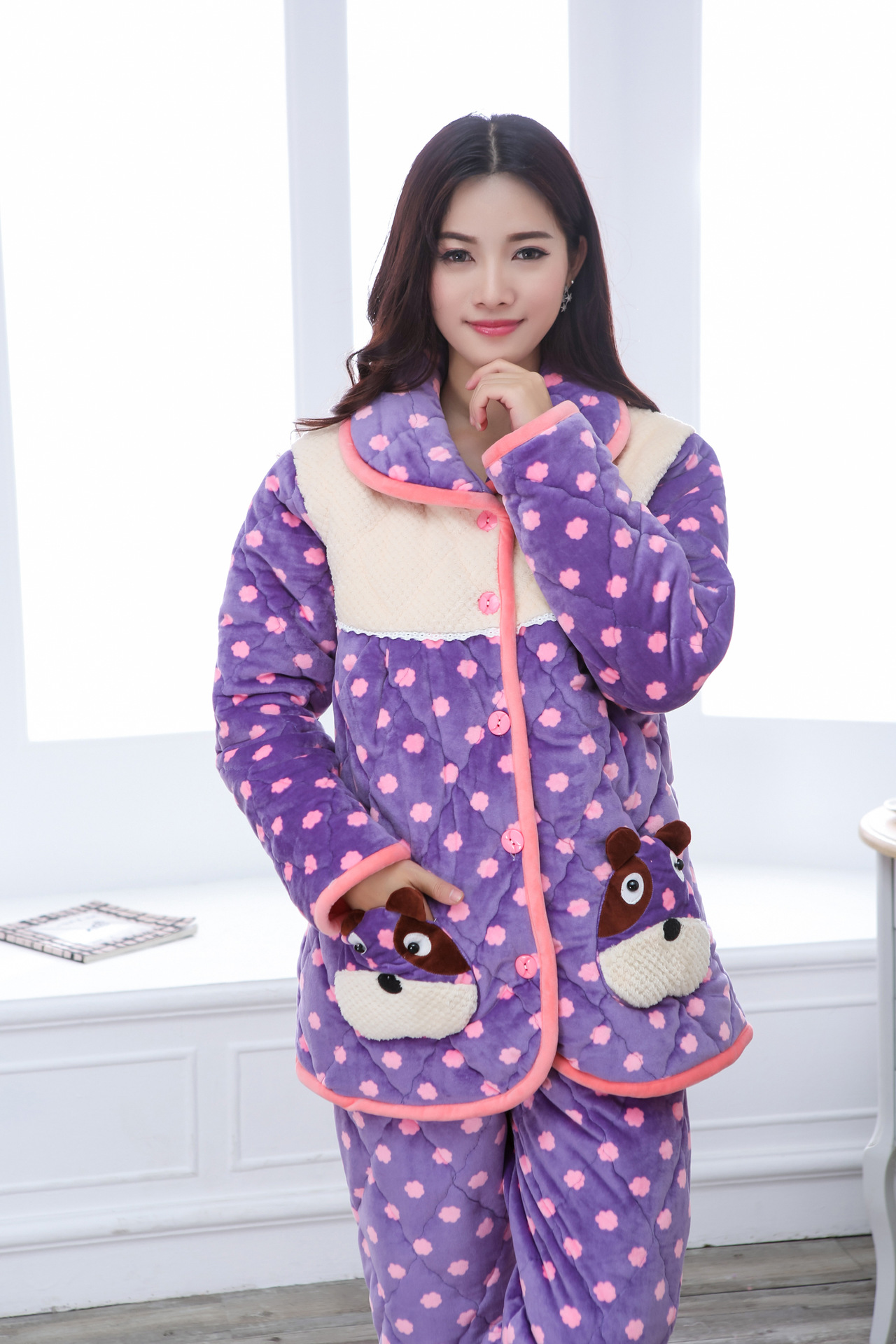 冬季家居服套装翻领圆点可爱衣服保暖外套棉衣家居服 一件代发