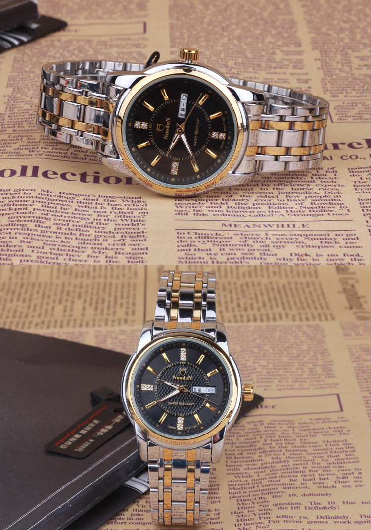 诺顿男士手表石英表防水时装女士手表双日历钢带手表男情侣手表