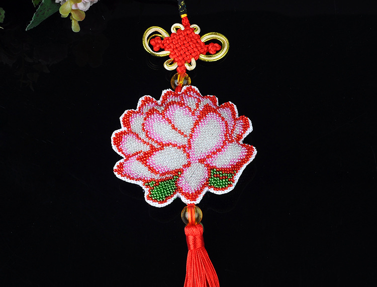 莲花佑 进口满珠绣十字绣双面车挂汽车挂件平安福莲花与佛中国结
