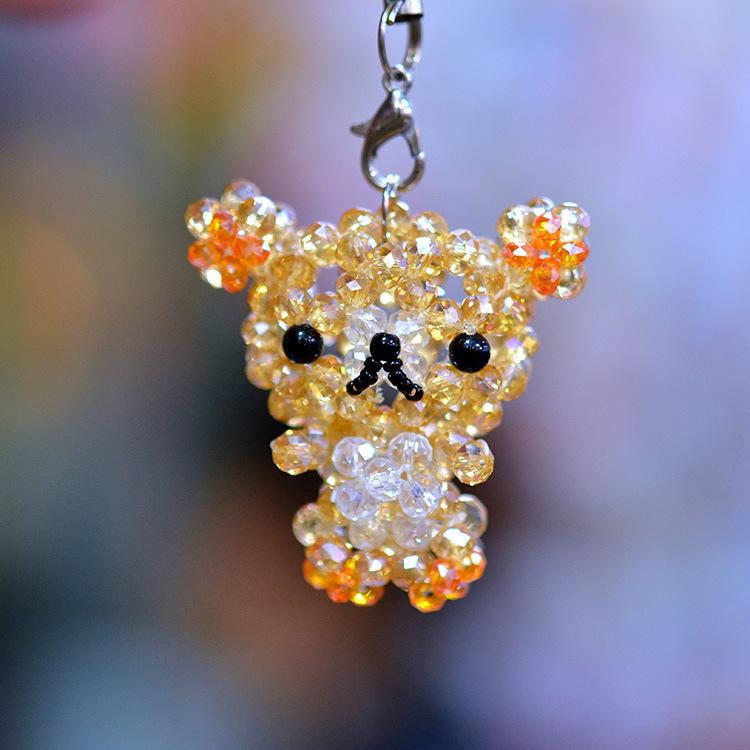 手工串珠水晶轻松熊公仔 扁熊 钥匙挂饰