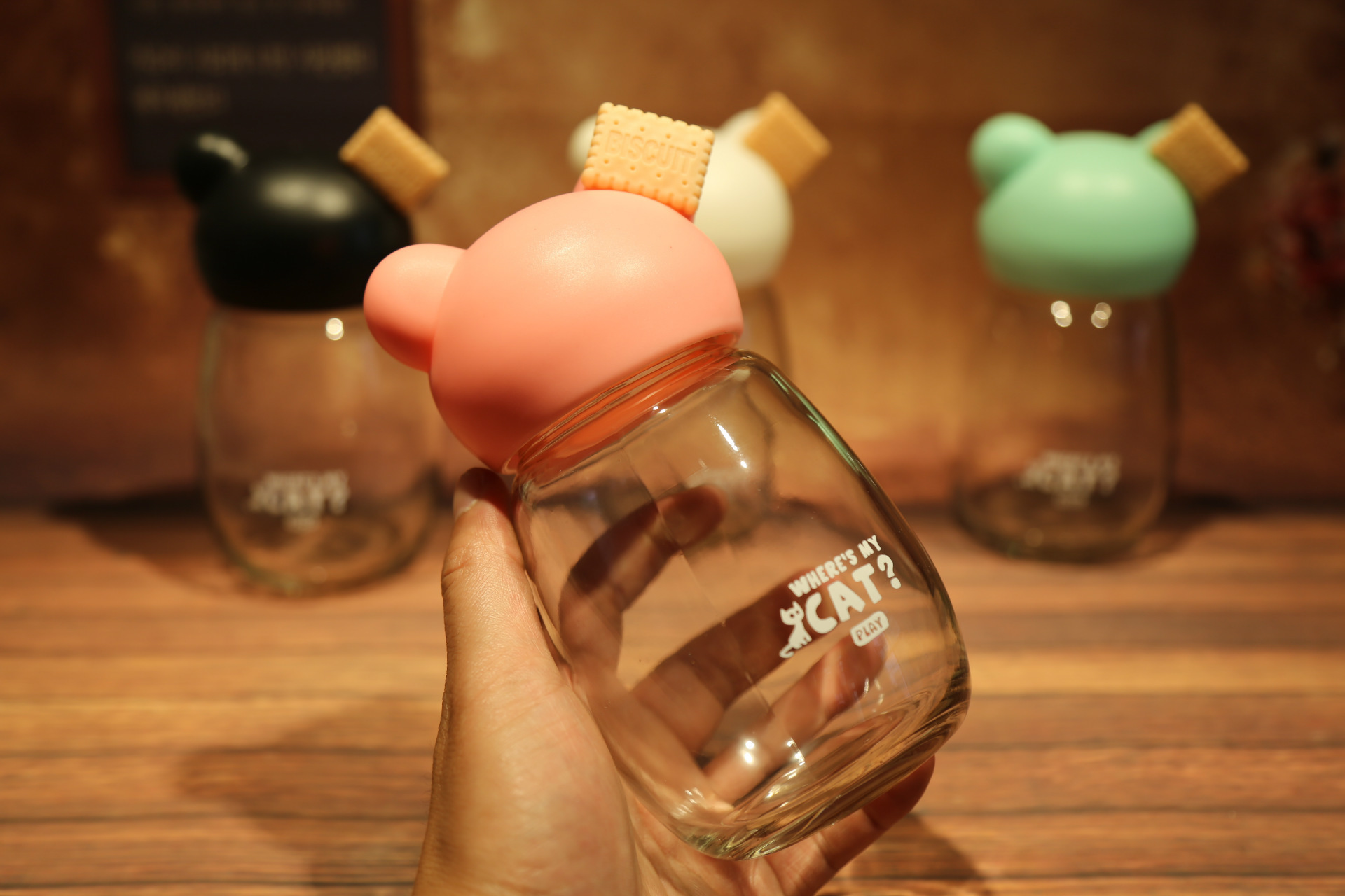 创意卡通饼干熊玻璃杯透明带盖学生儿童水杯子透明带盖花茶杯