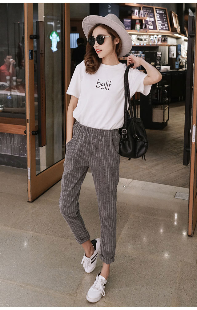 秋季【k69】九分韩版竖条纹哈伦裤 大码松紧宽松口袋休闲女裤