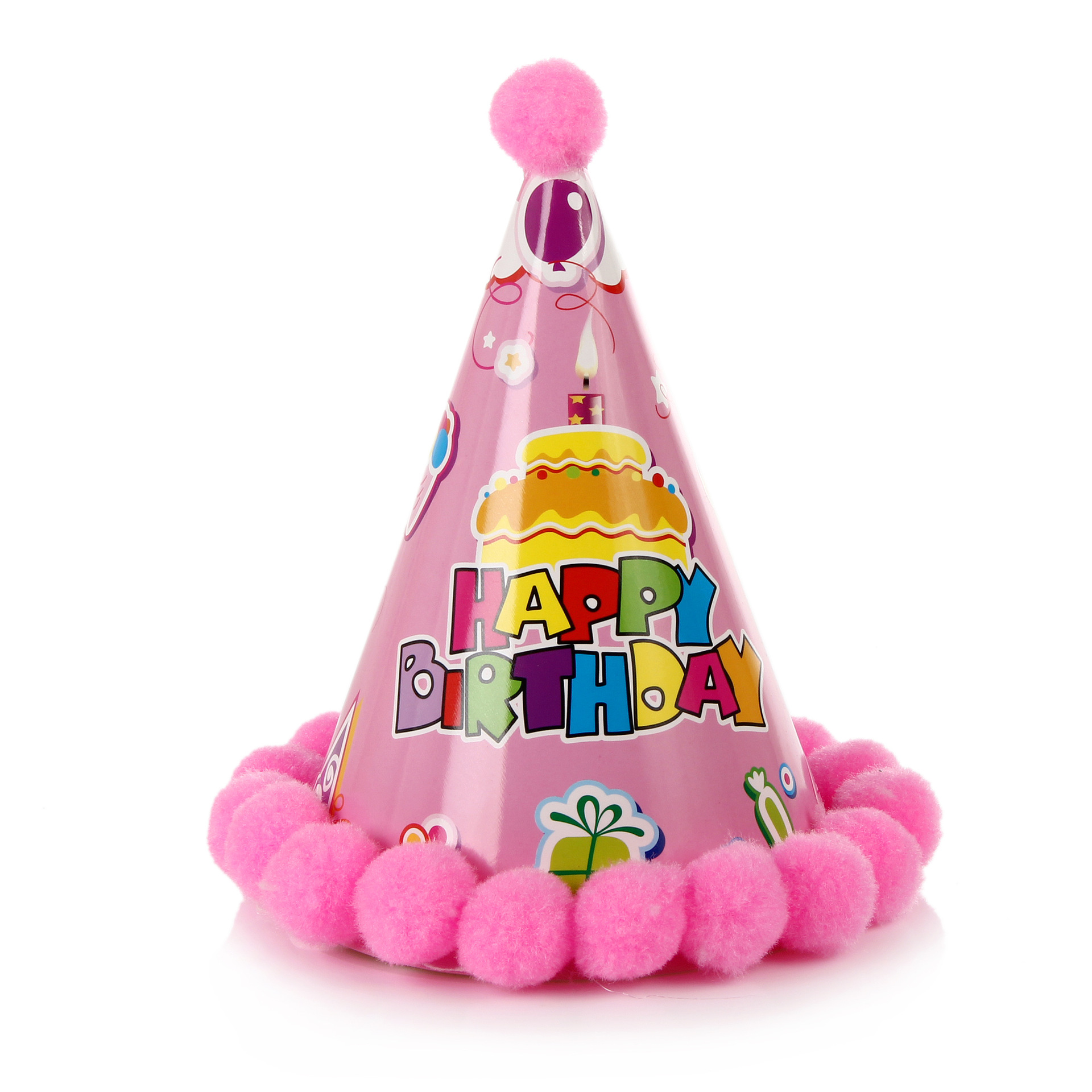 20cm生日快乐蓝色蛋糕毛球圆球纸帽子 派对儿童帽派对生日帽子