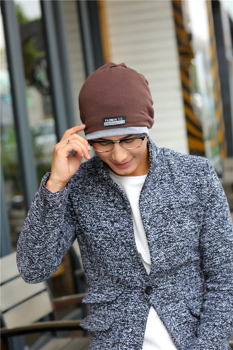韩版热销春秋天男士套头帽双层棉质纯色布标堆堆包头帽