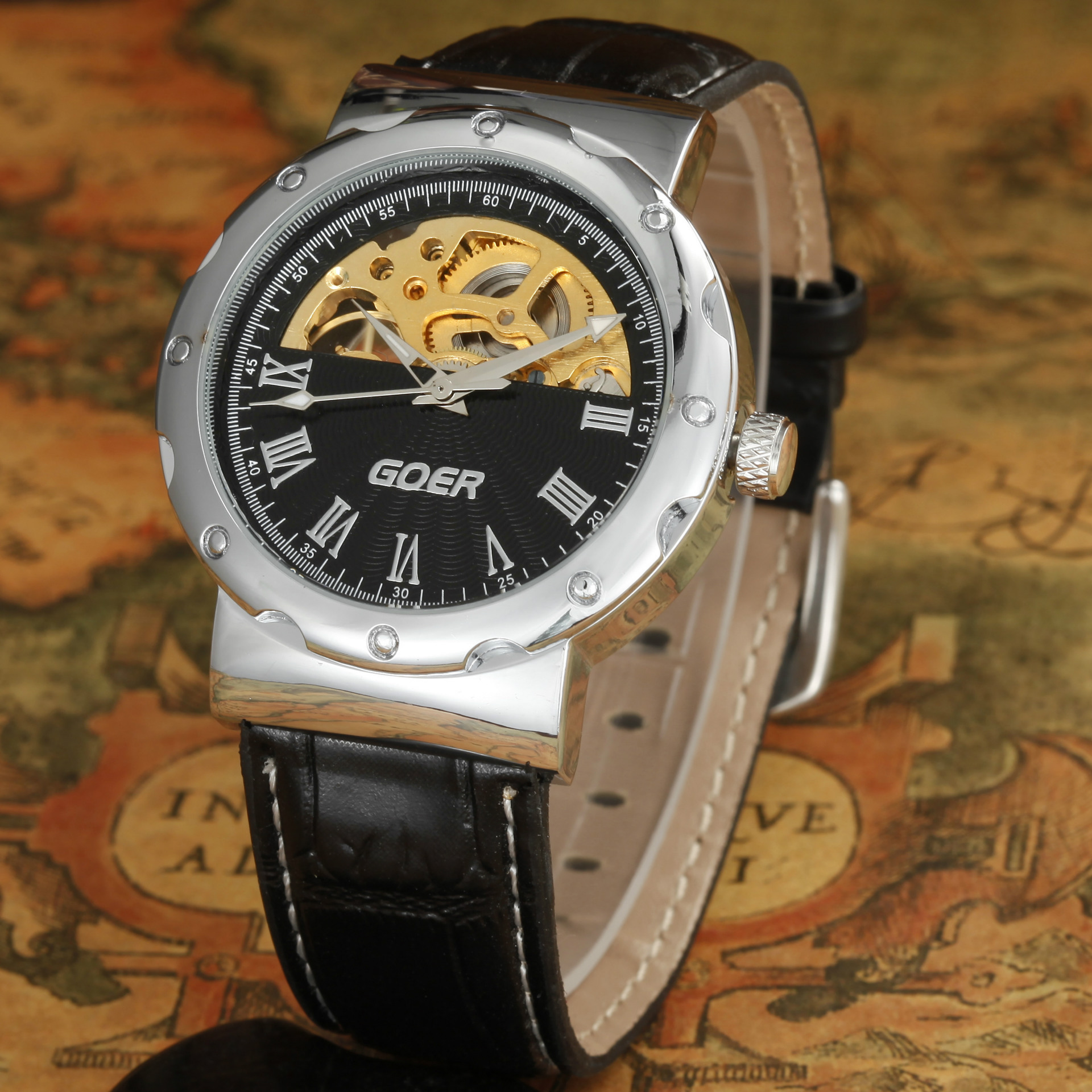 goer全自动机械表 半镂空字面 男士皮带机械表 厂家销售 gz0029