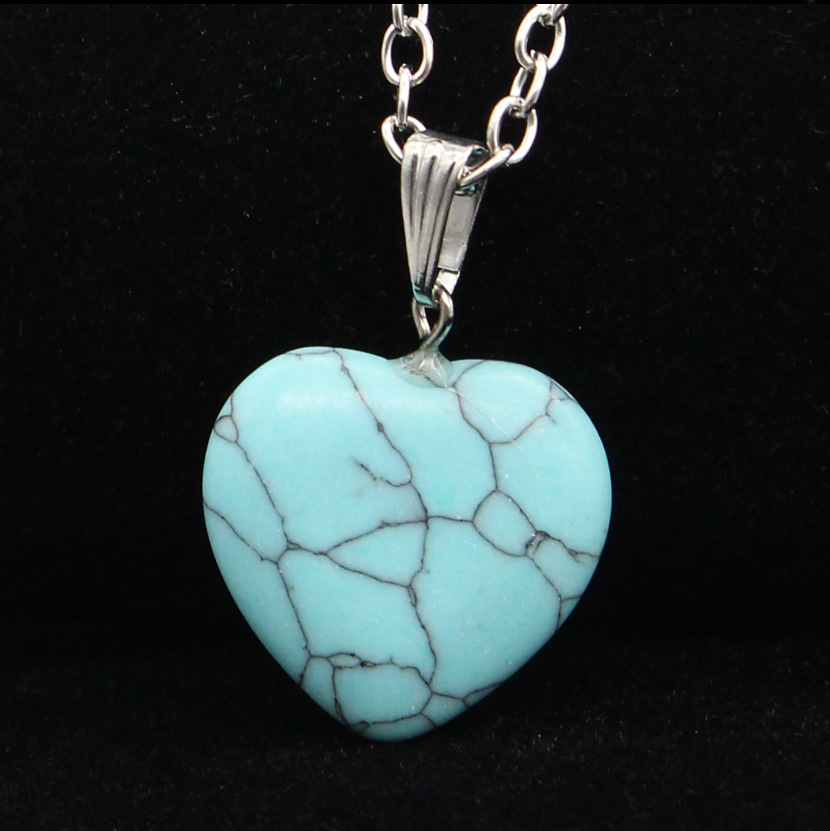 欧美跨境热销饰品 心形石头吊坠蓝松石水晶桃心天然石头7色项链