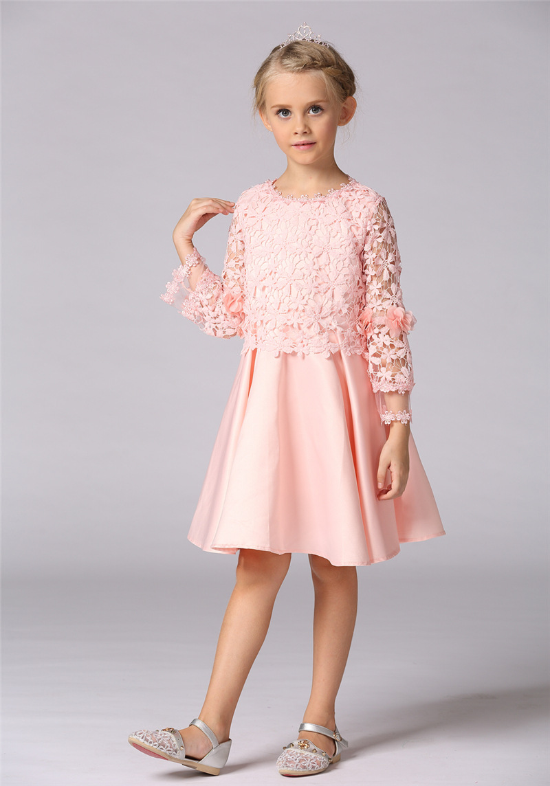 【童裙】韩国春款女童长袖水溶花蕾丝花童礼服连衣裙童装