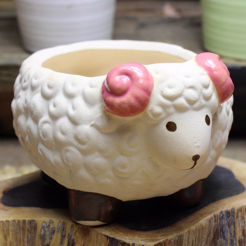 创意手工多彩 可爱小陶制迷你小羊 陶瓷多肉花盆家居装饰