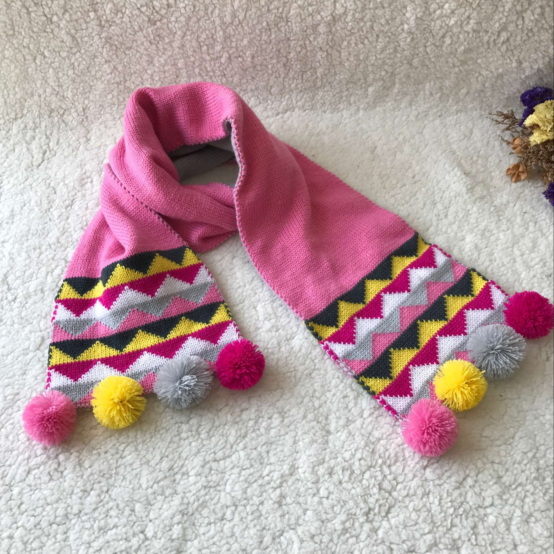 2016日韩甜美粉色双面针织球球围巾 女