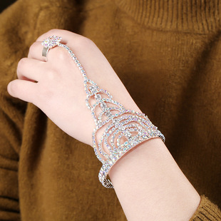 欧美镶水钻开口可调节手镯戒指一体手背链 婚庆新娘首饰配饰品