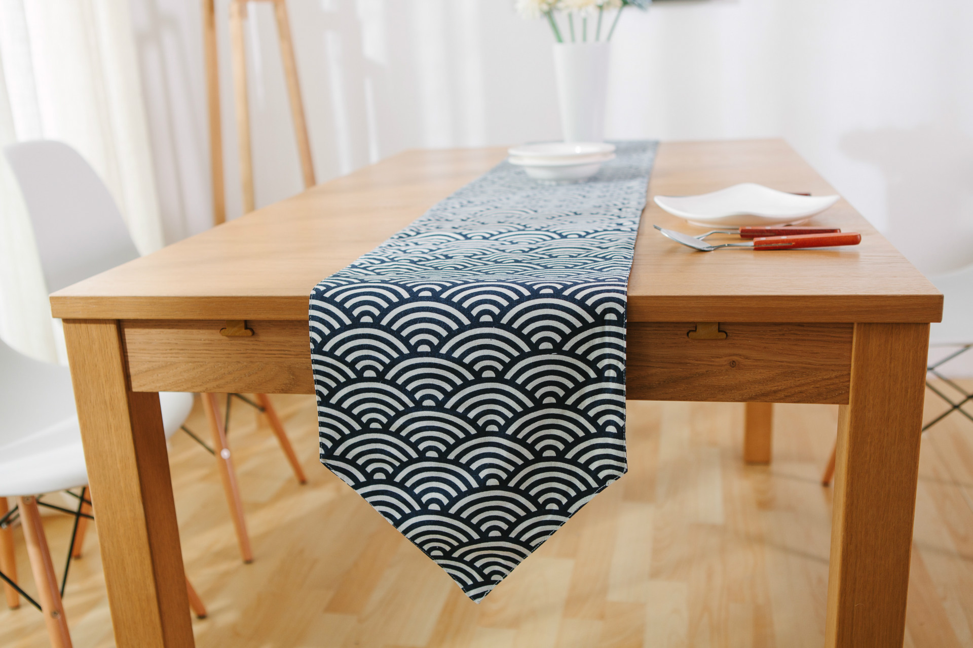 藏青海浪现代中式桌旗桌布布艺棉麻茶几欧式床旗床尾巾