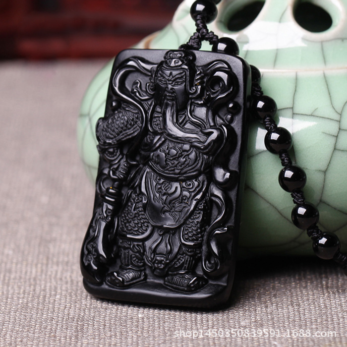 天然a货黑曜石关公吊坠关二爷关羽磨砂吊坠男款项链辟邪招财护身