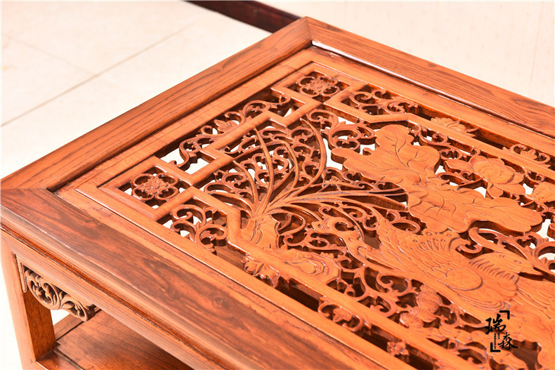 瑞森工艺明清仿古中式实木家具 客厅榆木镂空雕花四抽屉鸳鸯茶几