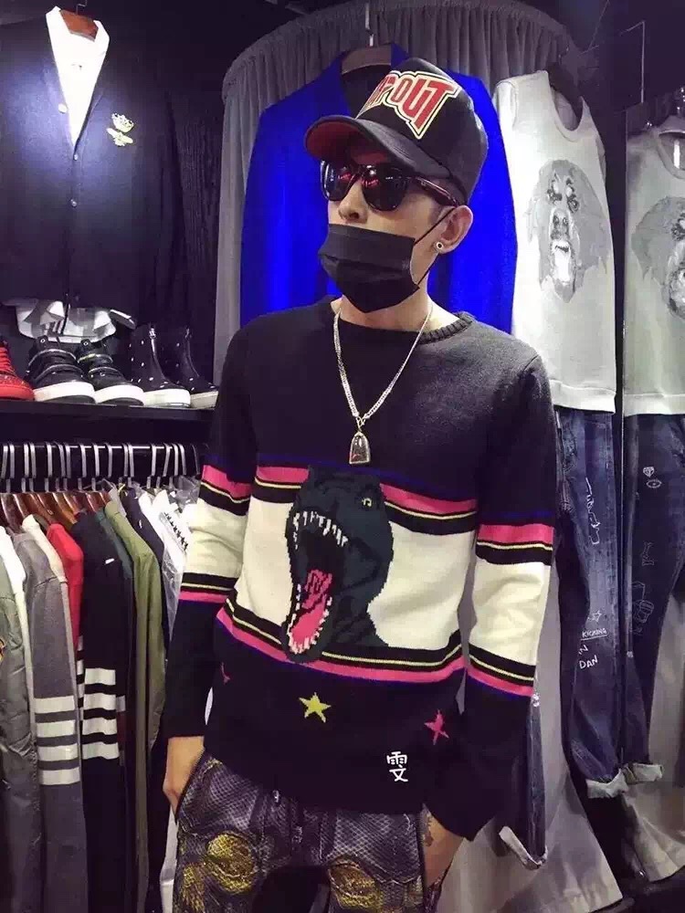 毛衣-权志龙同款恐龙五星多色要纹拼接羊毛混