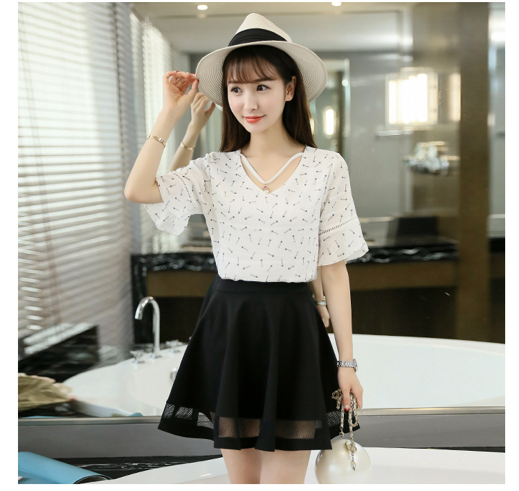 2016夏季大码女装ol韩版宽松v领印花新款雪纺衫短袖中袖女士上衣