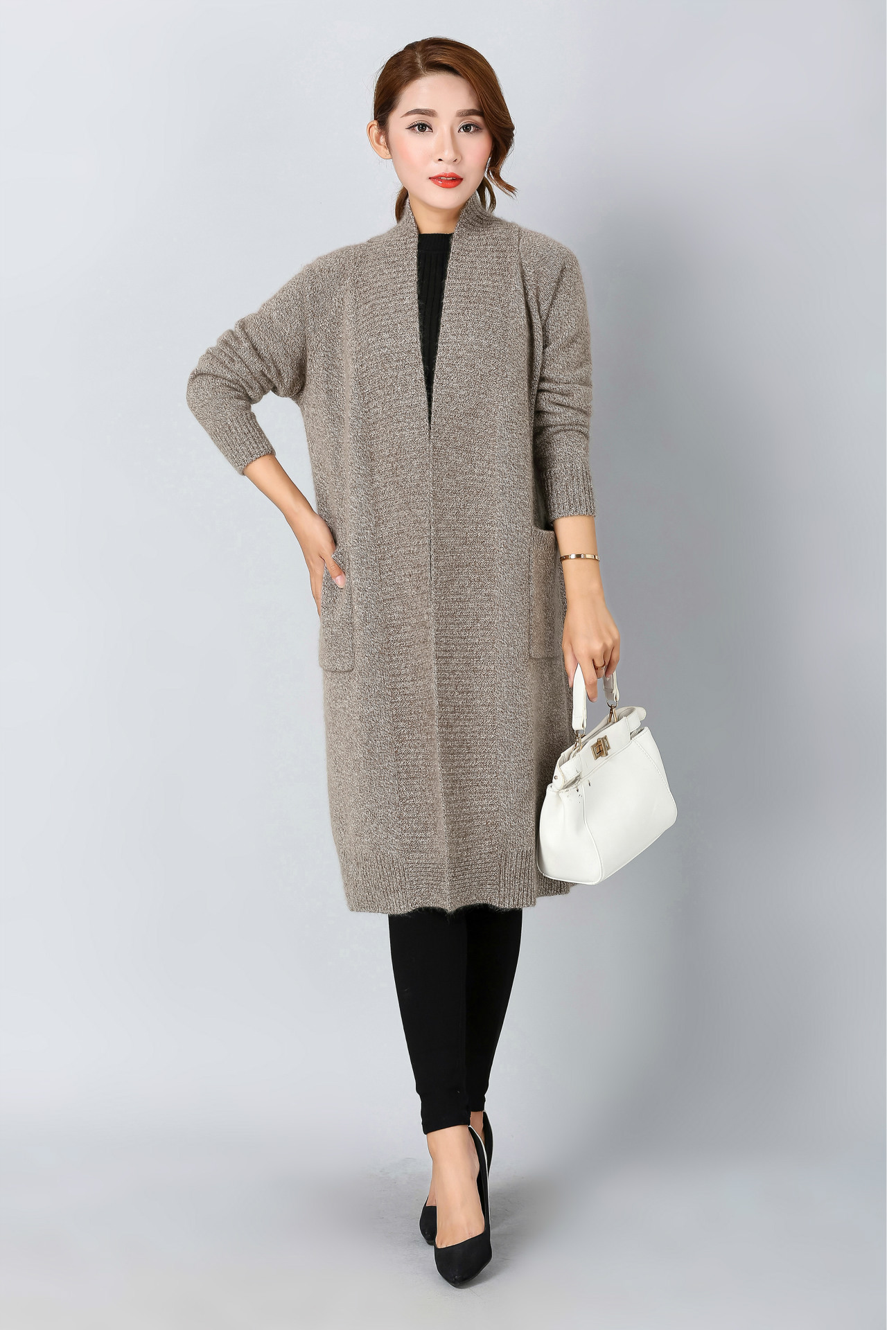 秋冬简约中长款翻领针织开衫女羊绒大衣 女装大码长袖毛衣外套厚