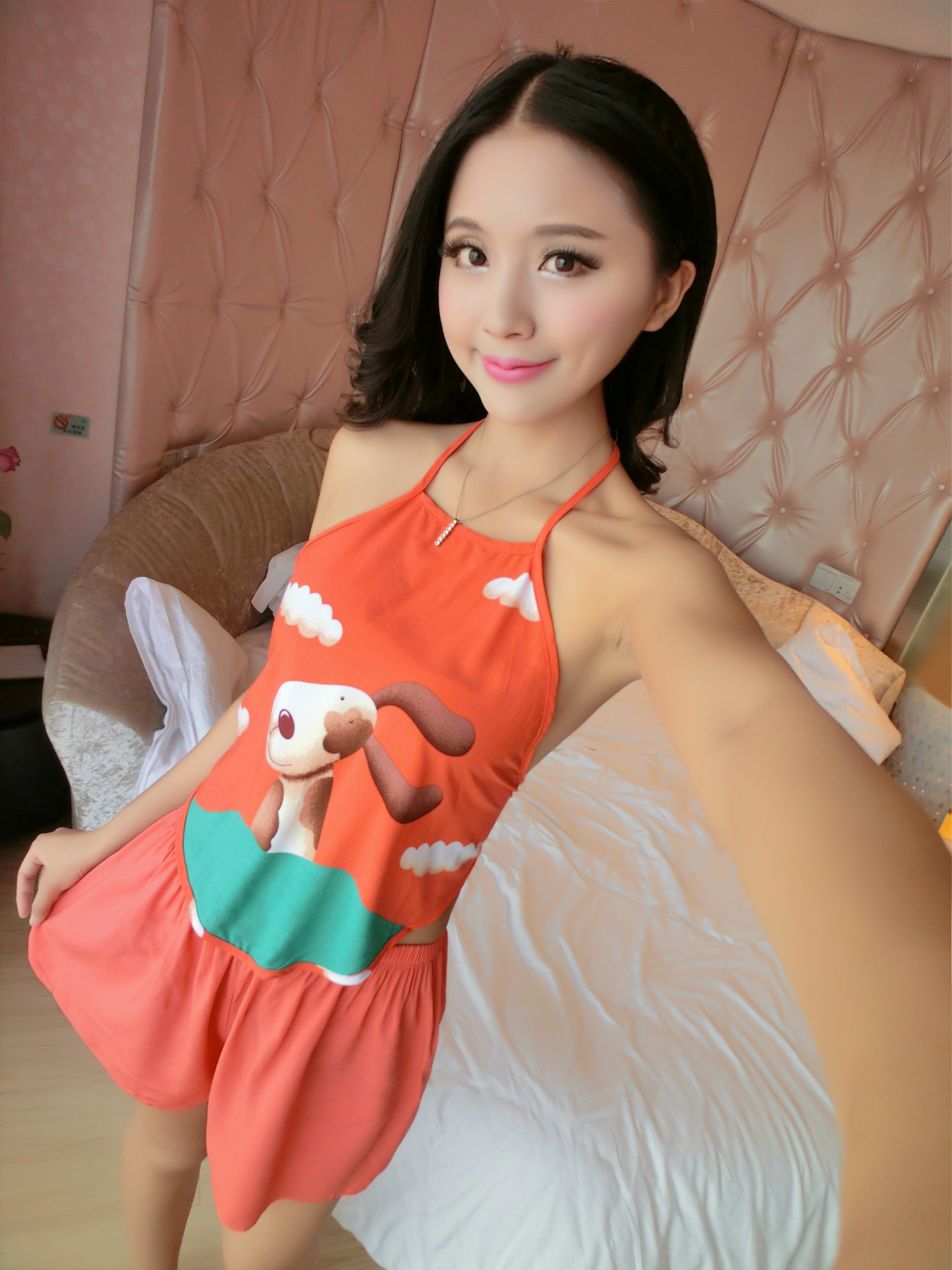 睡衣女春夏女士可爱 性感肚兜卡通小狗 薄款人棉棉绸家居服