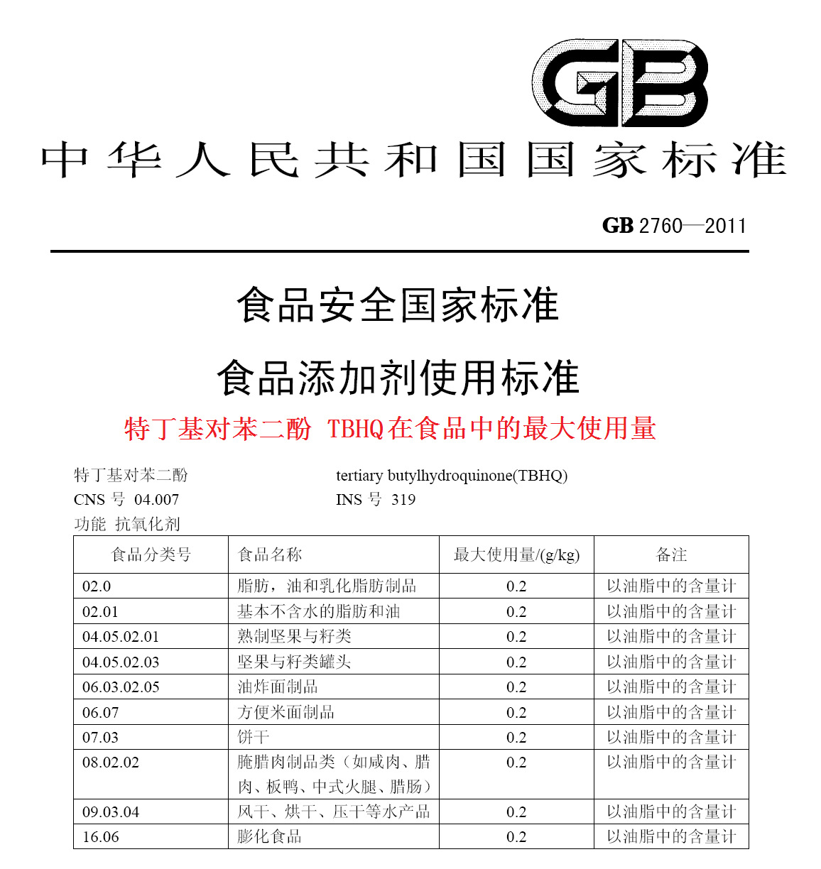 我国《食品添加剂使用卫生标准》( gb2760-2011 )
