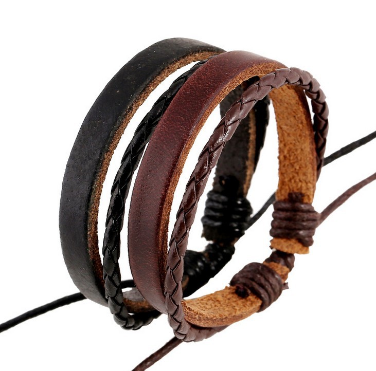 路路通手链皮绳手环编织牛皮手链情侣男女百搭复古个性棕色手带