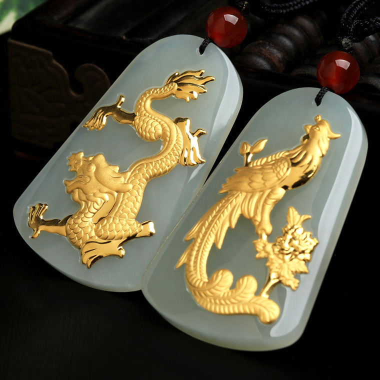 999足金镶嵌龙凤玉坠 天然新疆和田玉金镶玉情侣款龙凤配一对吊坠