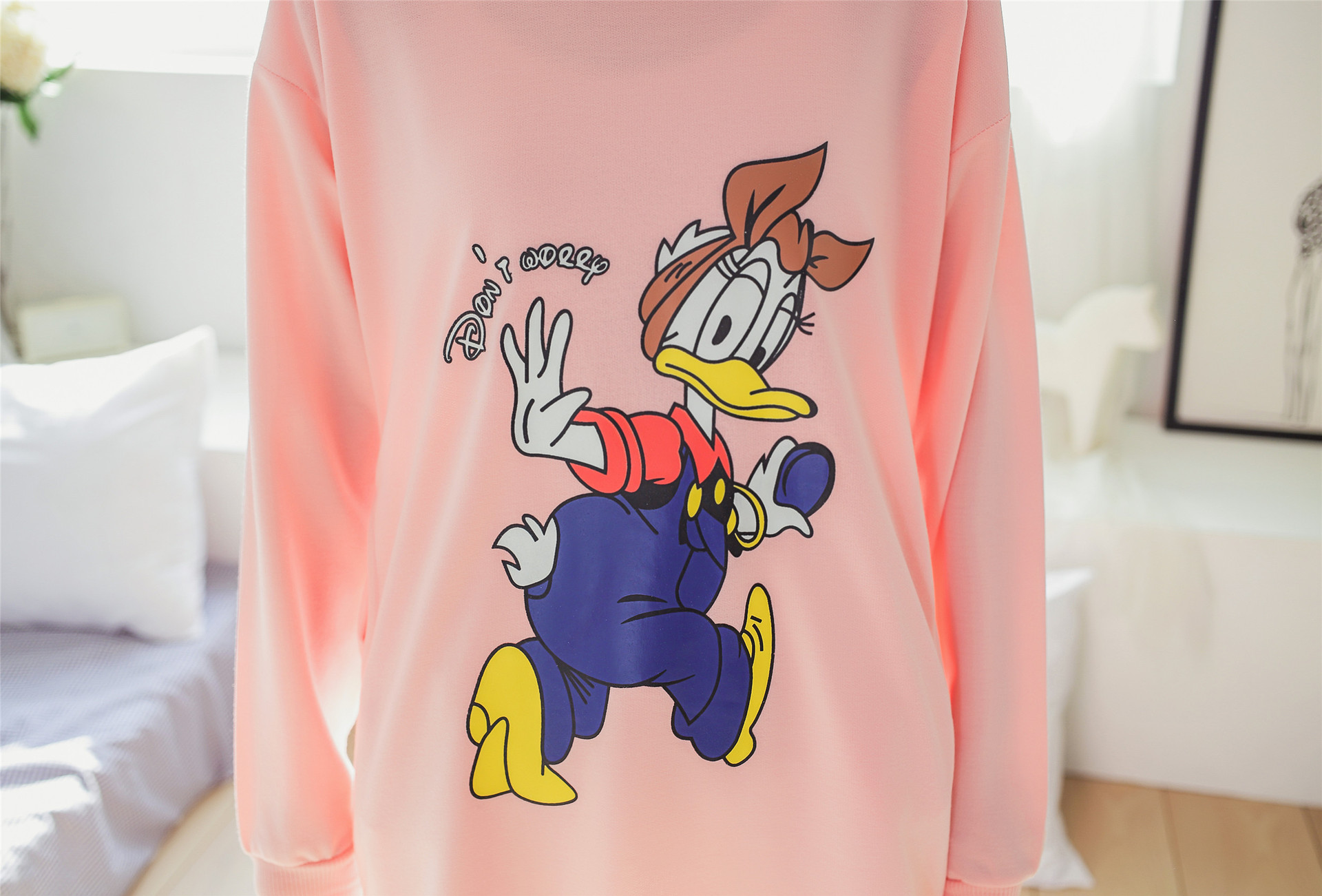 2016春季韩版睡衣女卫衣鱼鳞布卡通唐老鸭加长款可爱女长袖家居服