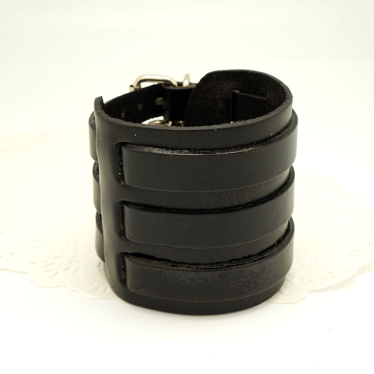 朋克风超宽皮头层皮牛皮手镯 男式复古三条皮带扣穿孔真皮手环