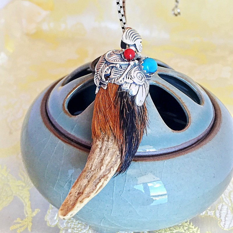 海船王 925纯银鹿角吊坠 动物真骨质鹿角真狼牙 送老公生日礼物