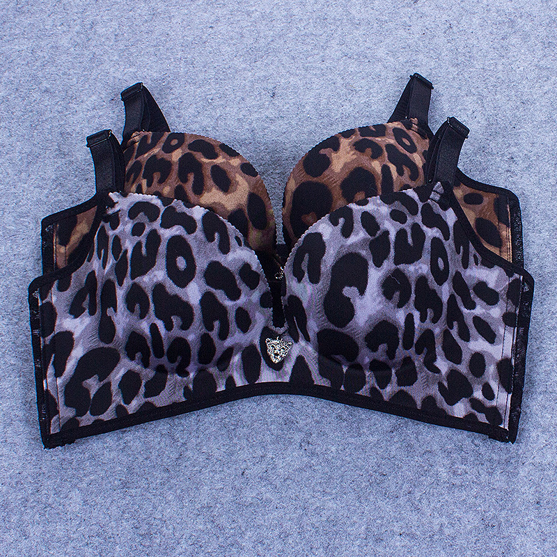 性感豹纹一片式文胸无痕无钢圈深v聚拢调整型舒适蕾丝美背女内衣