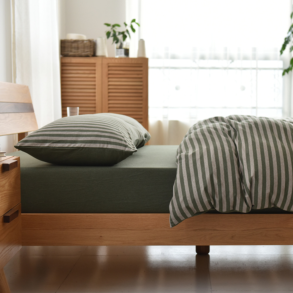 无印风纯棉条格专柜同步良品棉天竺全棉四件套针织棉床笠套件批发