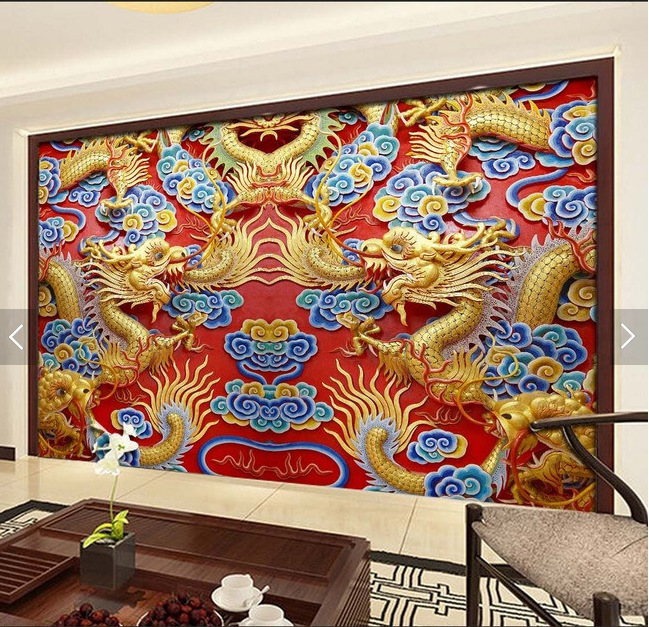中式3d立体浮雕客厅电视背景墙壁纸酒店大堂装饰画墙纸 双龙戏珠