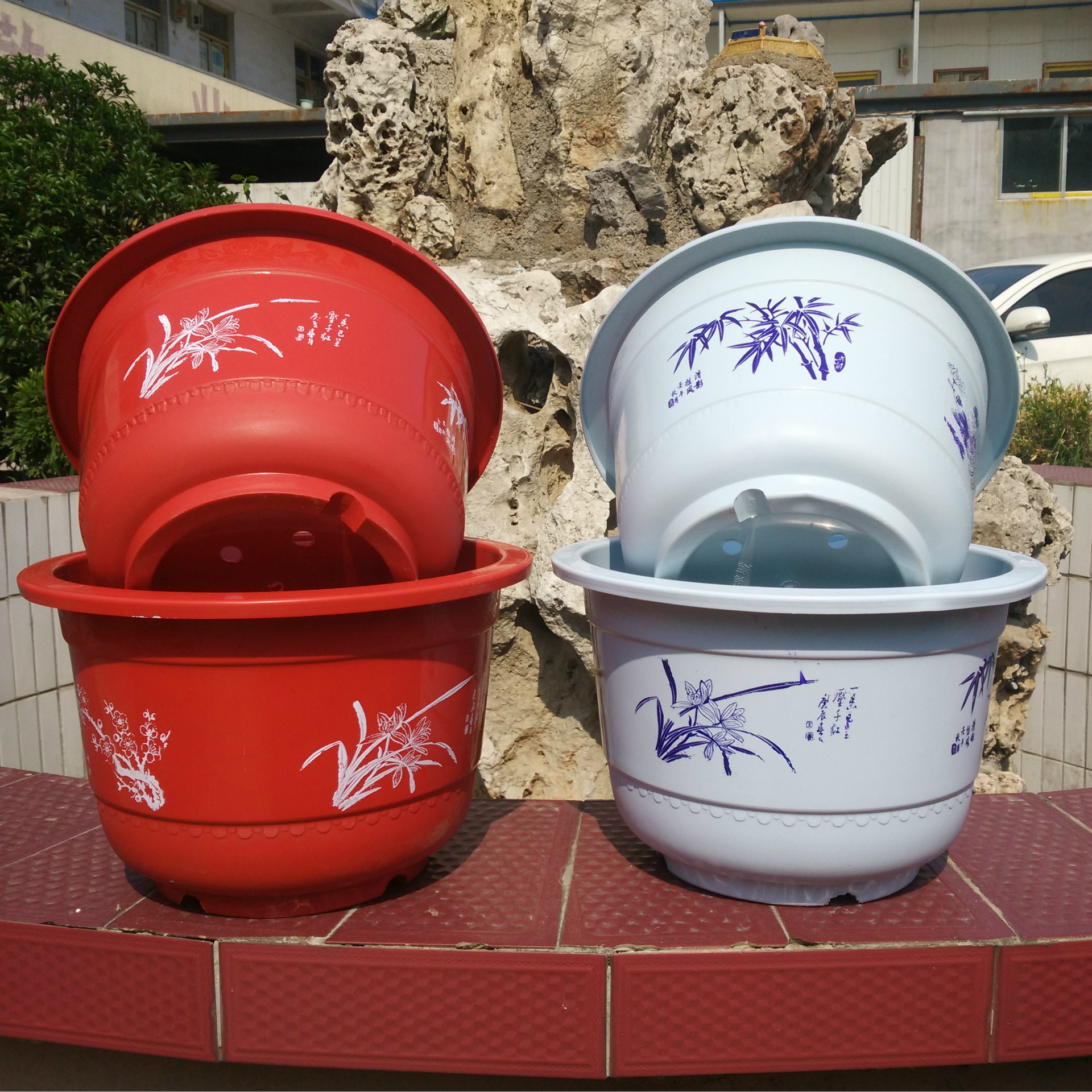 塑料花盆生产批发厂家直销绿城ae型白色红色圆形花盆大小号