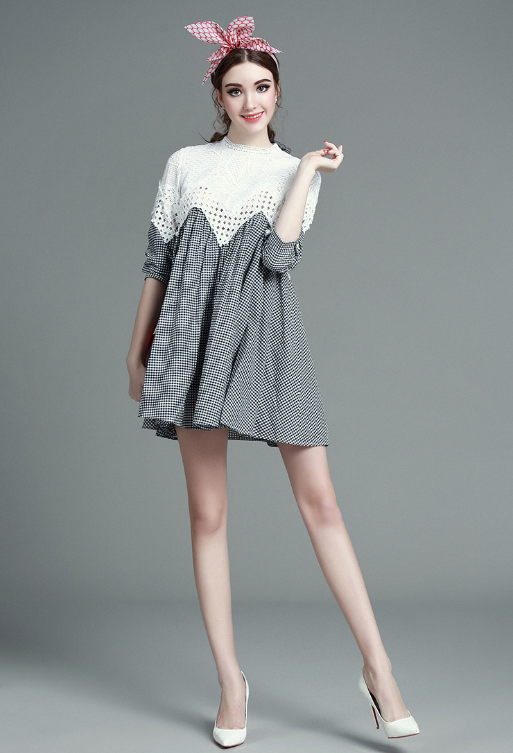 miuco女装2016春季新款白色镂空蕾丝拼接格纹a字娃娃裙宽松连衣裙