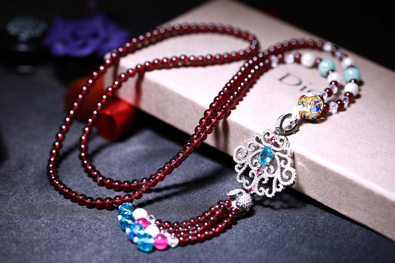 天然酒红石榴石项链 天河石多宝珠配925