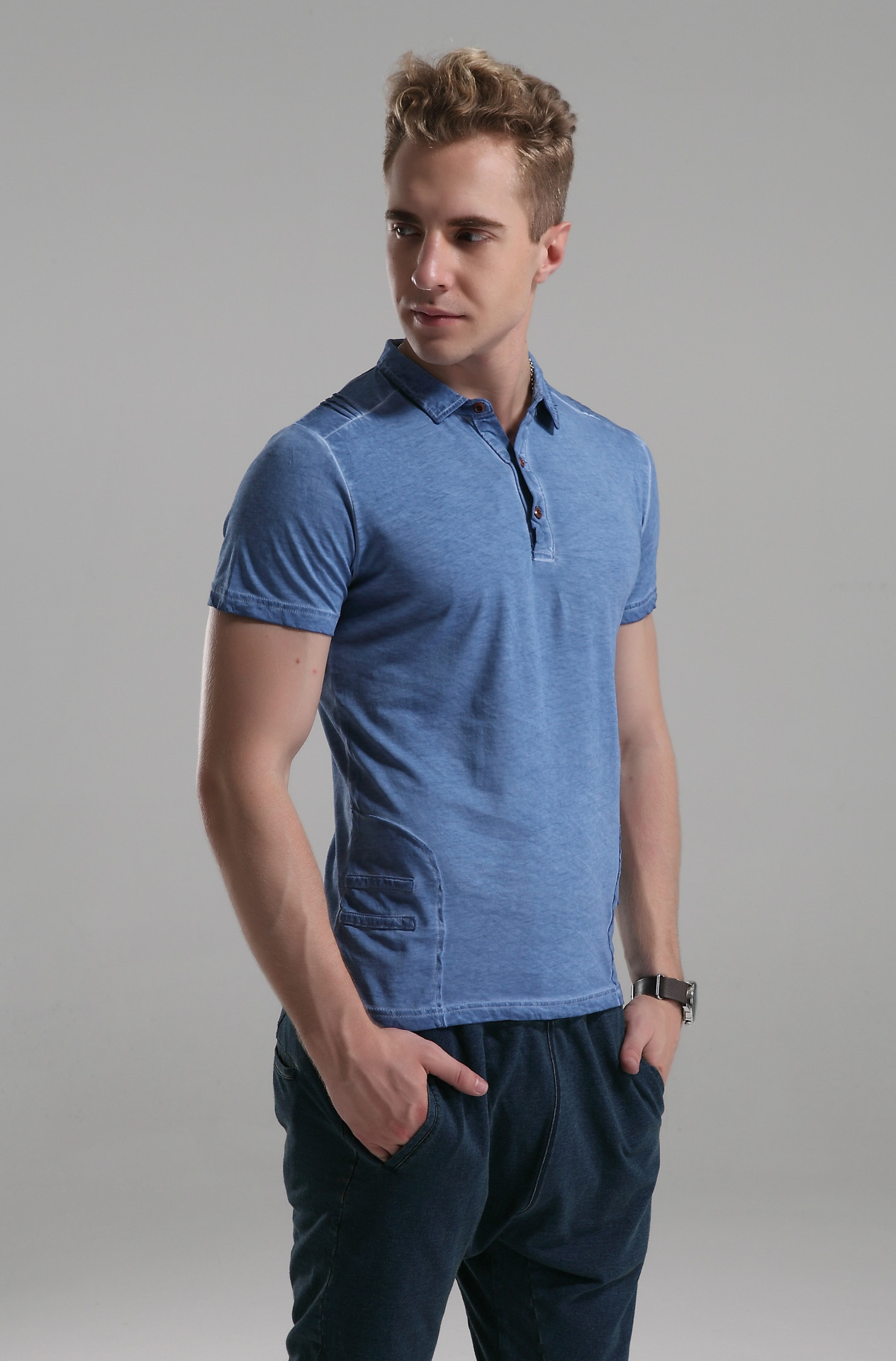 外贸男装代理 男式 t恤 男式短袖t恤衫 t恤翻领短袖 纯色打底衫男